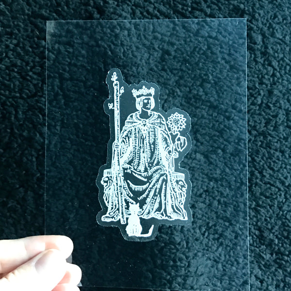 Transparent Vinyl Sticker of the Queen of Wands - White lines