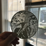 Etched small circular mirror - The Sun (close up of the child on horseback)