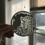 Etched small circular mirror - Portrait of the Queen of Pentacles