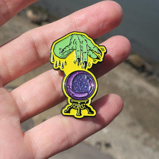 Glow in the Dark Witchy Hand with Glittery Crystal Ball Enamel Pin