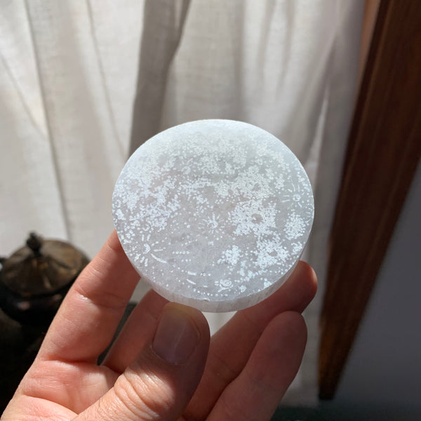 Engraved Selenite Circular Charging plate - Full Moon