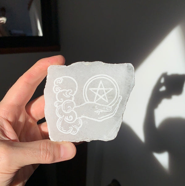 Engraved Selenite Charging plate - Ace of Pentacles